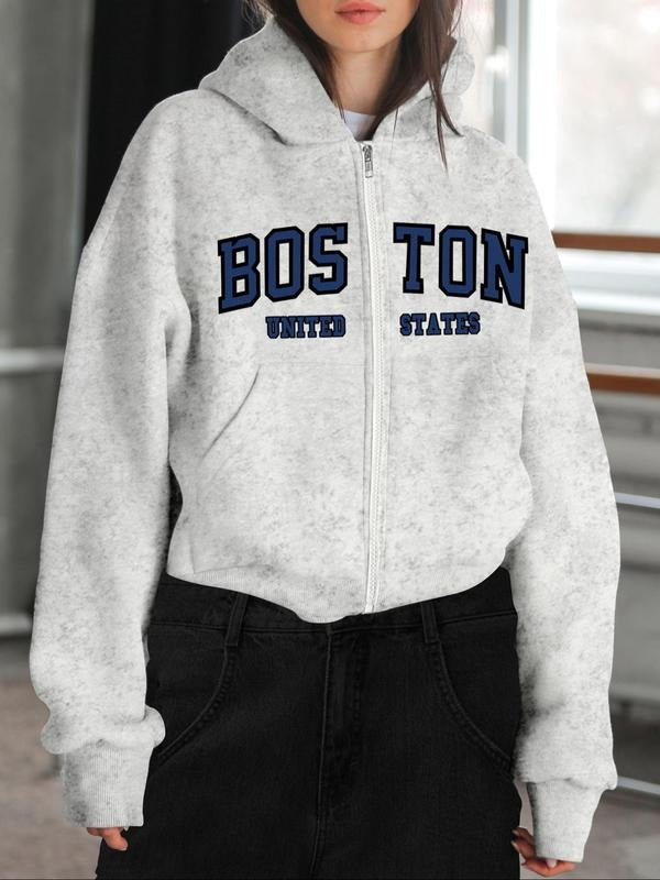 Women's Letter Print Zip Up Hoodie, Casual Long Sleeve Hooded Sweatshirt for Fall & Winter, Women's Clothes for Daily...