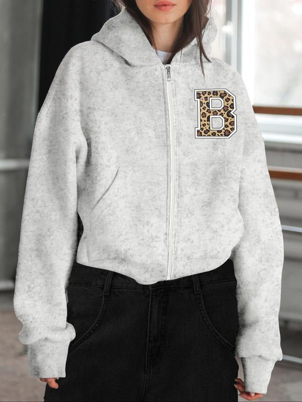 Women's Letter Print Zip Up Hoodie, Casual Long Sleeve Hooded Sweatshirt for Fall & Winter, Women's Clothes for Daily...
