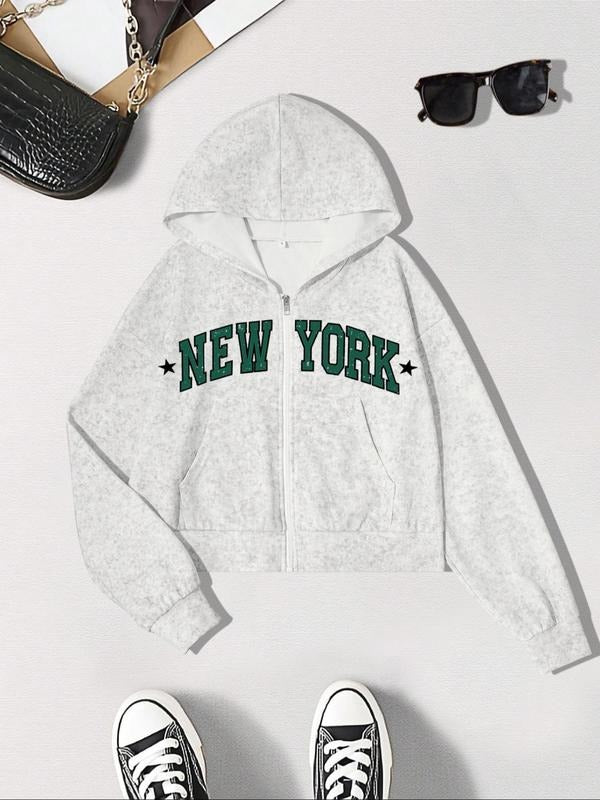 Women's Letter Print Zip Up Hoodie, Casual Long Sleeve Hooded Sweatshirt for Fall & Winter, Women's Clothes for Daily...