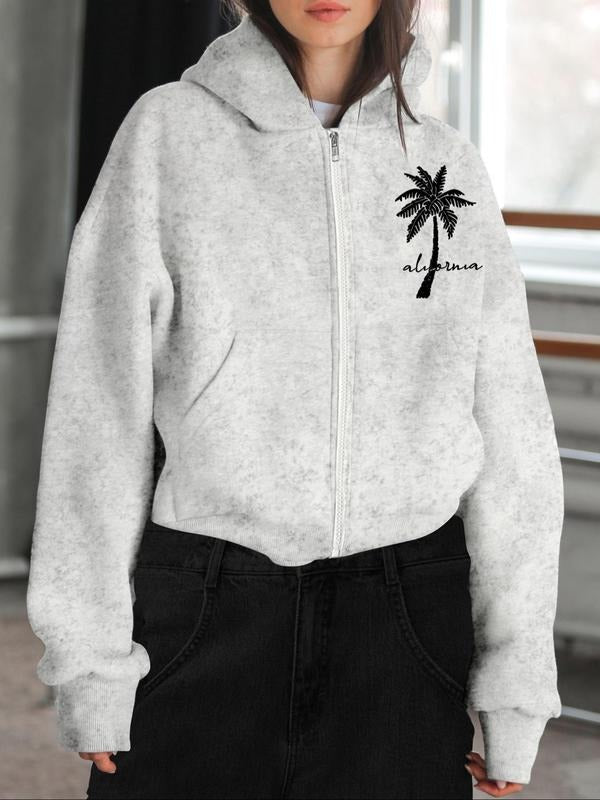 Women's Letter Print Zip Up Hoodie, Casual Long Sleeve Hooded Sweatshirt for Fall & Winter, Women's Clothes for Daily...
