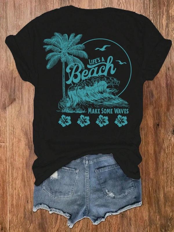 Women's Letter Sea Coconut Tree Print Round Neck Graphic Tee, Vintage Trendy Casual Short Sleeve T-shirt for Daily Wear,...