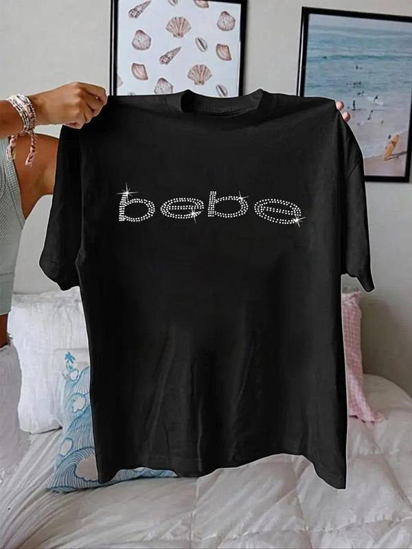 Women's Letter Short Sleeve Tee, Casual Round Neck T-shirt for Fall & Winter, Women's Top for Daily Wear Hoodie, Sweatshirt