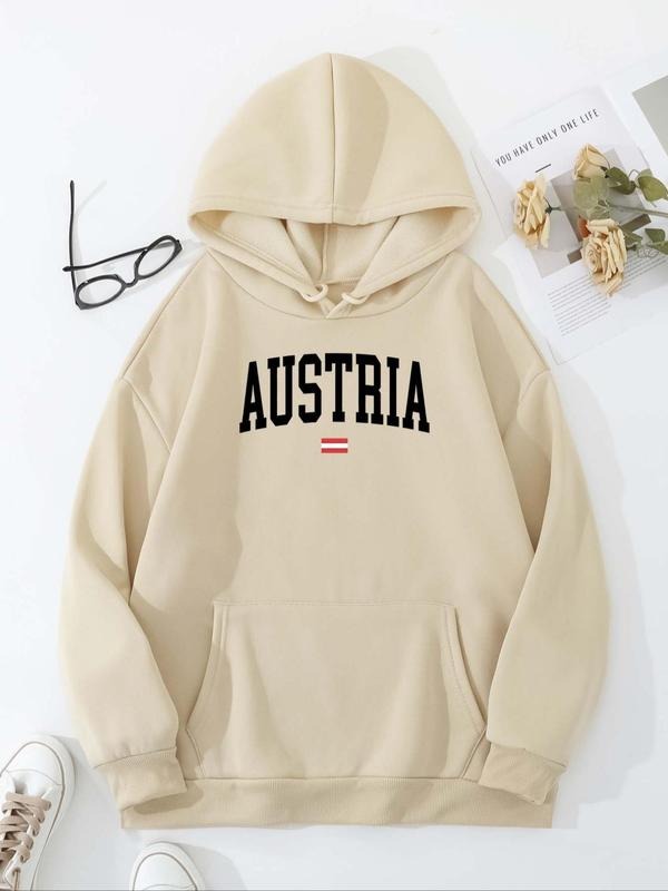 Women's Letters Print Drop Shoulder Drawstring Hoodie, Casual Long Sleeve Kangaroo Pocket Hooded Sweatshirt for Fall &...