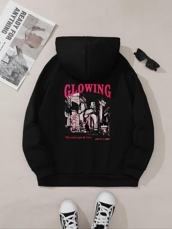Women's Letters Print Hoodie, Casual Loose Hooded Sweatshirt for Fall & Winter, Women's Clothes for Daily Wear T-Shirts