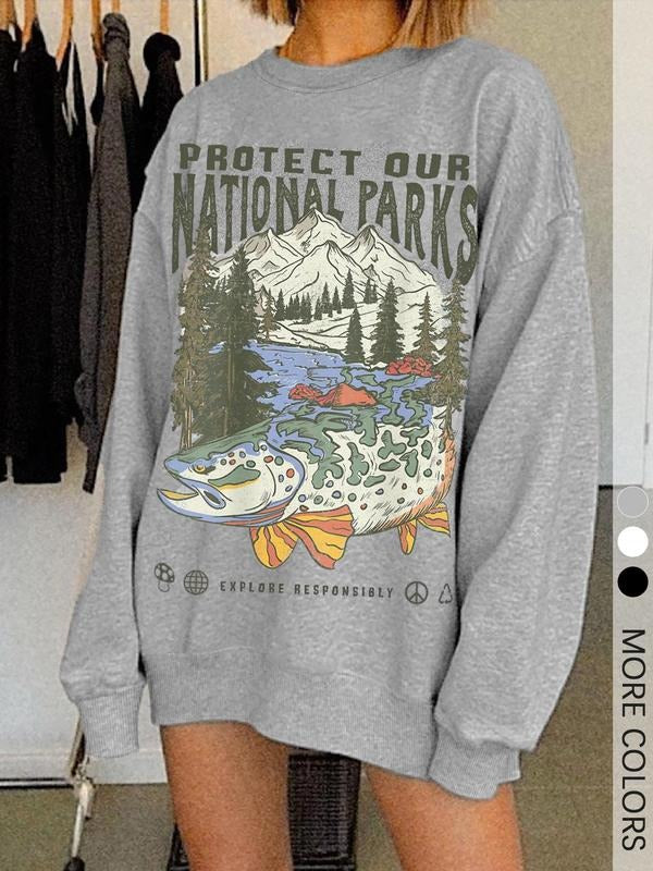 Women's Light Gray Crewneck Long Sleeves Sweatshirt with National Parks Graphic Print, Soft  Eco-Conscious Top, Featuring...
