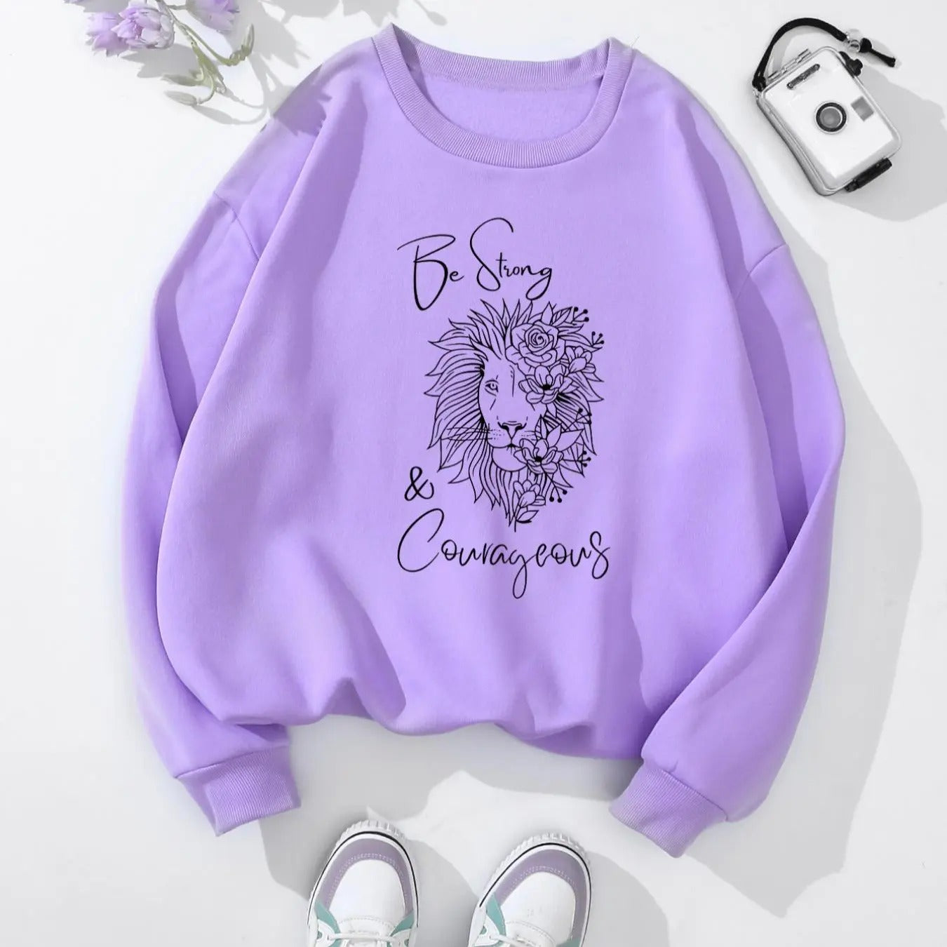 Women's Lion & Letter Print Drop Shoulder Sweatshirt, Casual Long Sleeve Round Neck Pullover for Fall & Winter, Ladies...