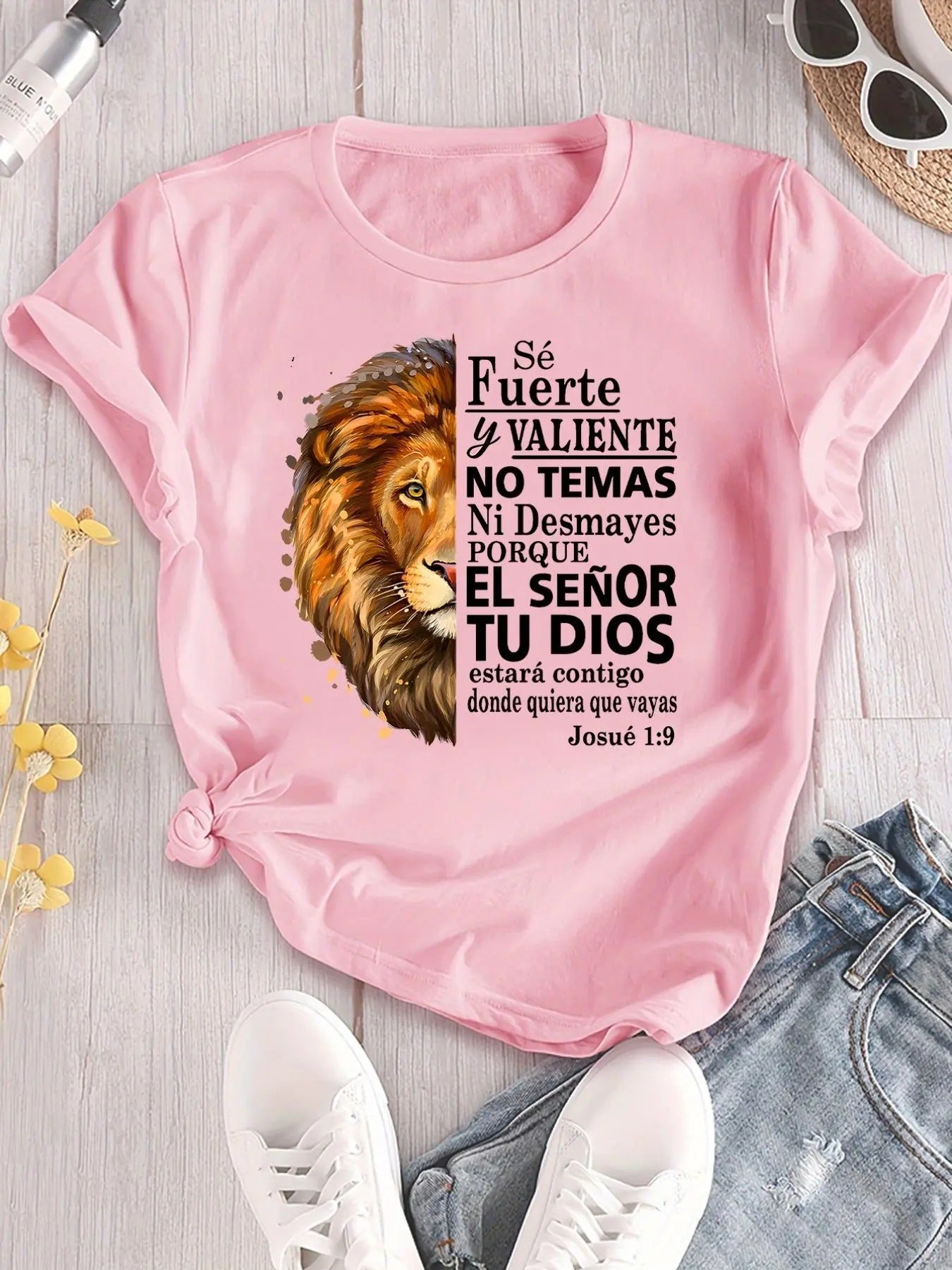 Women's Lion & Letter Print Round Neck Tee, Casual Short Sleeve Crew Neck T-Shirt for Daily Wear, Ladies Clothes for All...