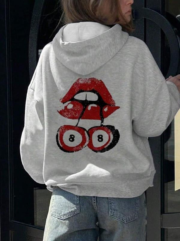 Women's Lip & Cherry & Number Print Drop Shoulder Hoodie, Fashion Casual Drawstring Pocket Hooded Sweatshirt for Daily...
