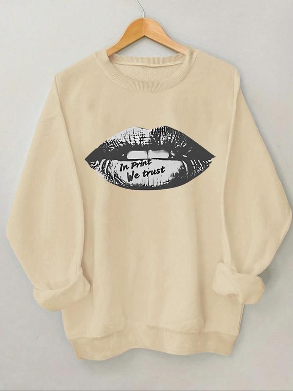 Women's Lip & Letter Print Crew Neck Sweatshirt, Casual Long Sleeve Pullover for Fall & Winter, Ladies Clothes for Daily...