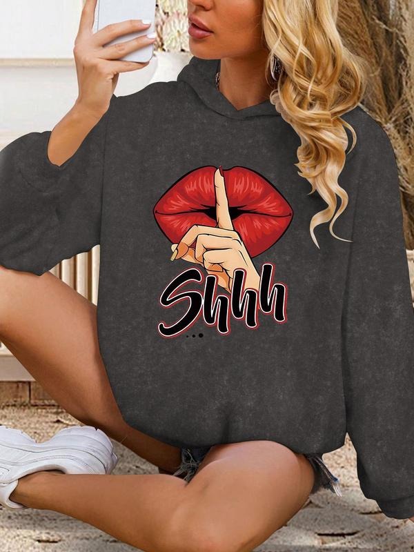 Women's Lip & Letter Print Drop Shoulder Hoodie, Fashion Casual Long Sleeve Hooded Sweatshirt for Daily Holiday Outdoor...