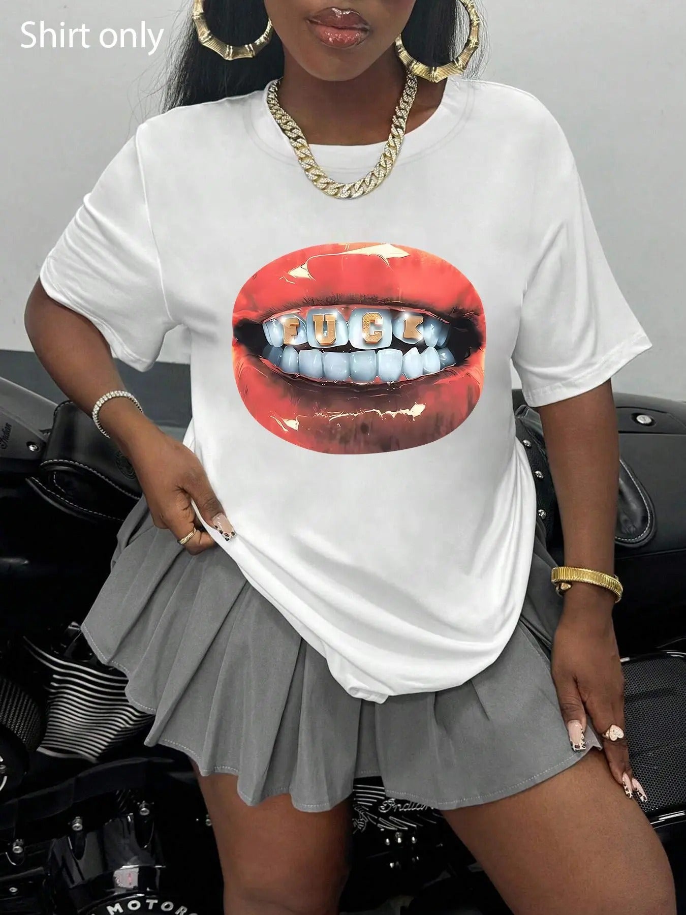 Women's Lip & Teeth Print Round Neck Graphic Tee, Fashion Casual Short Sleeve T-shirt for Daily Wear, Ladies Clothes for...