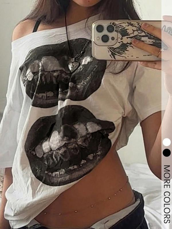 Women's Lip Print Asymmetric Off Shoulder T-Shirt, Versatile, Everyday Casual Breathable Basic Top Suitable for All...