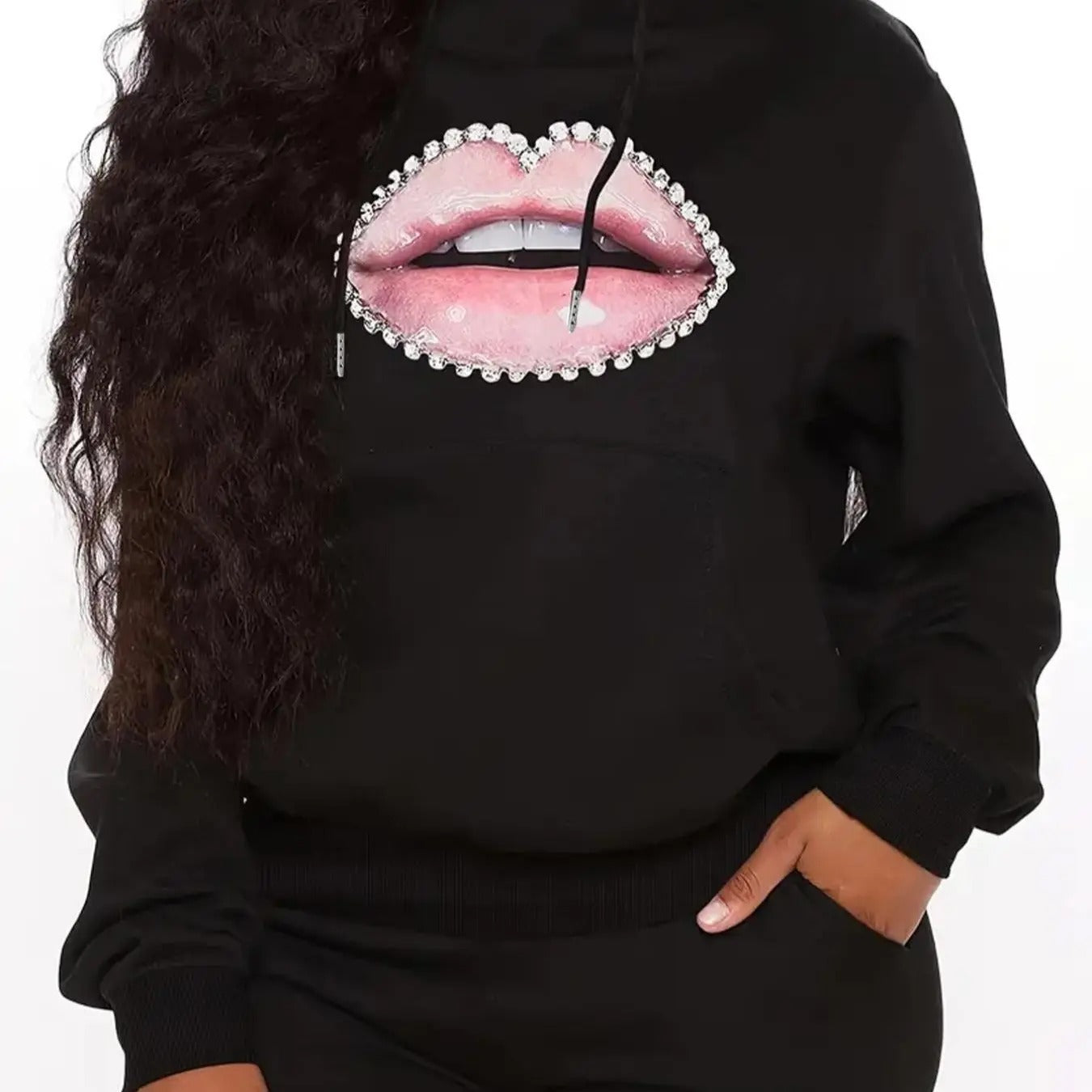 Women's Lip Print Drawstring Pocket Hoodie, Fashion Casual Long Sleeve Hooded Sweatshirt for Daily Holiday Outdoor Wear,...