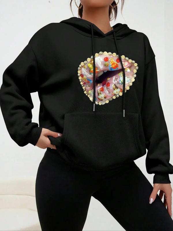 Women's Lip Print Drop Shoulder Drawstring Hoodie, Fashion Casual Pocket Hooded Sweatshirt for Daily Holiday Outdoor...