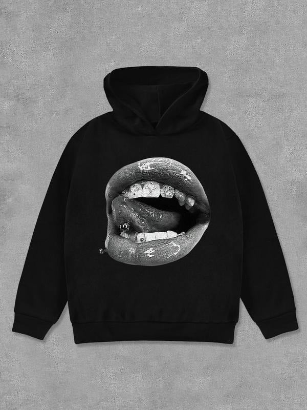 Lip Print Drop Shoulder Casual Long Sleeve Hooded Daily Outdoor Fall & Winter T-Shirts, Hoodie, Sweatshirt