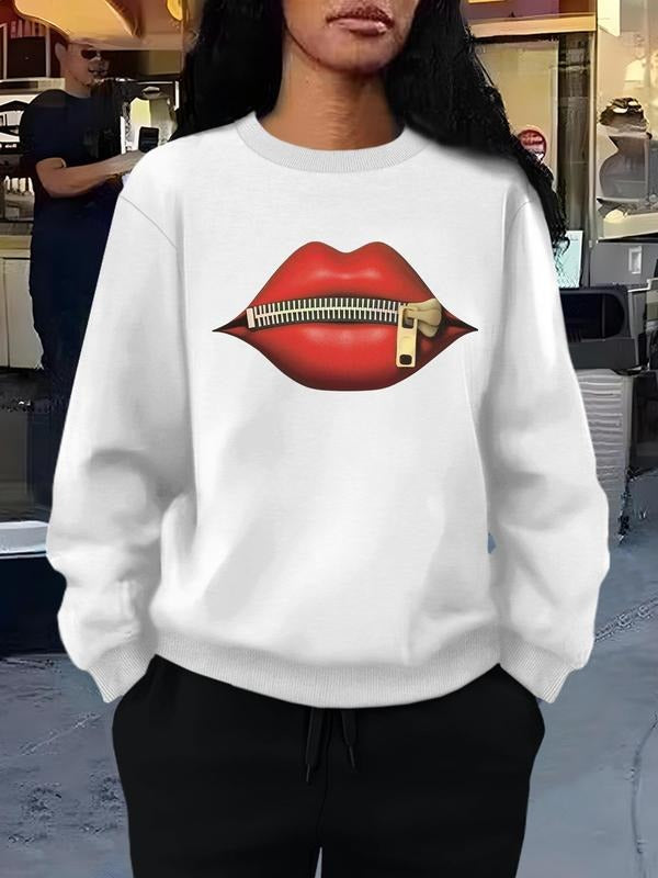 Women's Lip Print Drop Shoulder Sweatshirt, Casual Long Sleeve Round Neck Pullover for Fall & Winter, Ladies Clothes for...