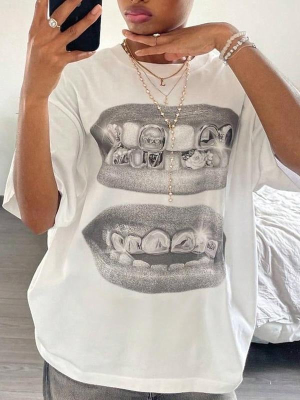 Women's Lip Print Drop Shoulder Tee, Cute Casual Graphic Half Sleeve Round Neck T-Shirt for Summer, Fashion Women's Top...