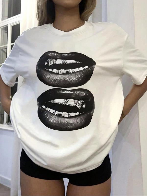 Women's Lip Print Round Neck Graphic Tee, Vintage Trendy Casual Drop Shoulder Short Sleeve T-shirt for Daily Wear, Ladies...