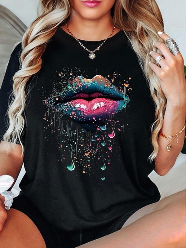 Women's Lip Print Round Neck Tee, Fashion Casual Crew Neck Short Sleeve T-shirt for Daily Holiday Vacation Outdoor Wear,...