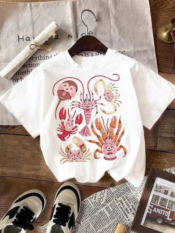 Women's Lobster & Crab Print Round Neck Tee, Casual Short Sleeve Crew Neck T-shirt for Summer, Fashion Women's Top for...