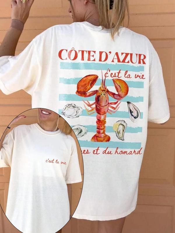 Women's Lobster & Letter Print Round Neck Graphic Tee, Vintage Trendy Casual Short Sleeve T-shirt for Daily Wear, Ladies...