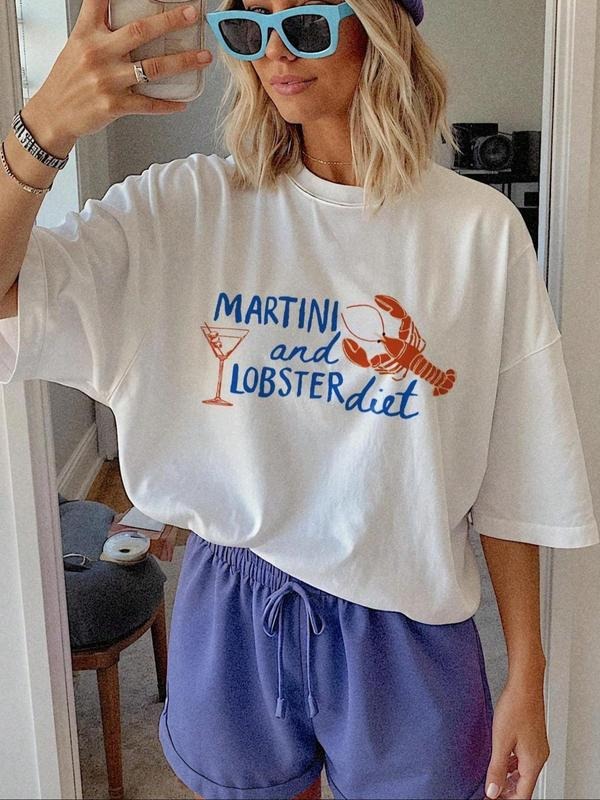 Women's Lobster & Letter Print Round Neck Tee, Casual Short Sleeve Crew Neck T-shirt for Summer, Fashion Women's Top for...