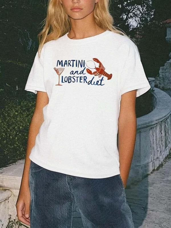 Women's Lobster & Martini Print Round Neck Tee, Vintage Trendy Casual Short Sleeve T-shirt for Daily Wear, Ladies Summer...