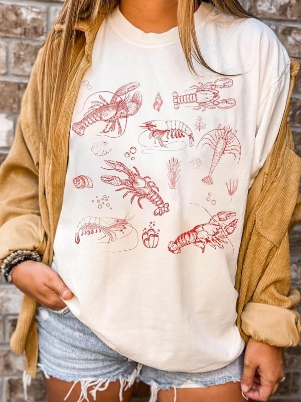 Lobster & Shrimp Print Round Neck Casual Letter Short Sleeve Crew Neck Summer Top Daily T-Shirts, Hoodie, Sweatshirt