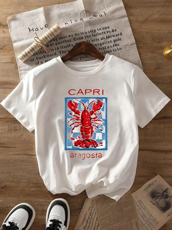 Women's Lobster Print Round Neck Graphic Tee, Vintage Trendy Casual Short Sleeve T-shirt for Daily Wear, Ladies All...