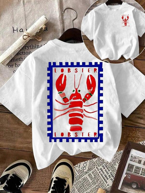 Women's Lobster Print Round Neck Tee, Casual Short Sleeve Crew Neck T-Shirt for Daily Wear, Ladies Clothes for All...