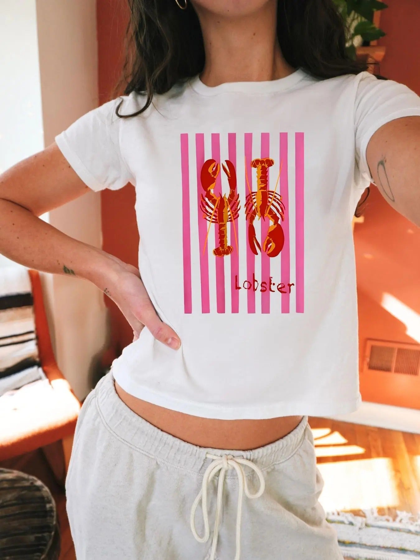 Women's Lobster Print Round Neck Tee, Casual Slim-fitting Short Sleeve T-shirt, Ladies Summer Clothes for Daily Wear, Top...