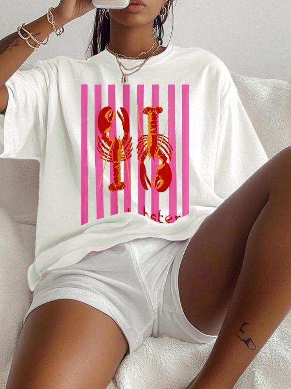 Women's Lobster Print Round Neck Tee, Casual Striped Print Short Sleeve Crew Neck T-Shirt for Summer, Fashion Women's Top...
