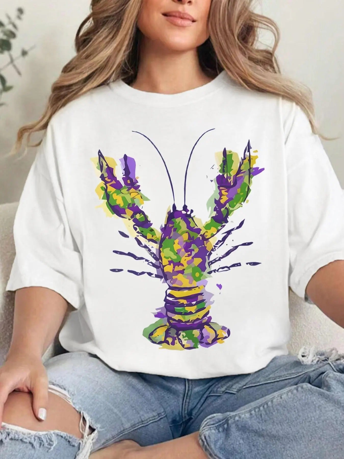 Women's Lobster Print Round Neck Tee, Fashion Casual Crew Neck T-shirt for Daily Holiday Vacation Outdoor Wear, Ladies...