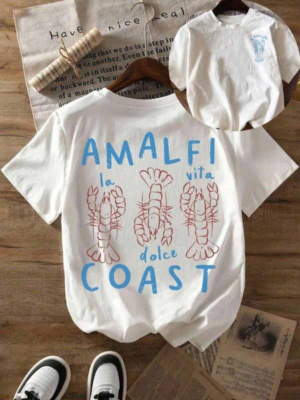 Women's Lobster Print Round Neck Tee, Trendy Casual Short Sleeve T-shirt for Daily Wear, Ladies Summer, Top style 02...