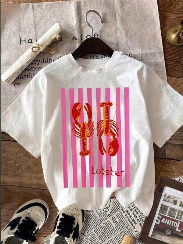 Women's Lobster Print Round Neck Tee, Trendy Casual Short Sleeve T-shirt for Daily Wear, Ladies Summer, Top Hoodie,...