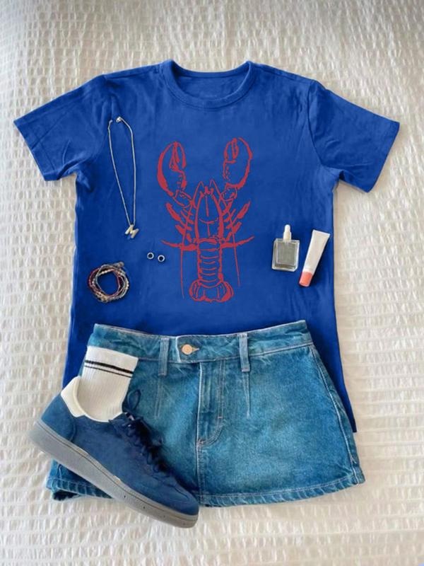 Women's Lobster Print Round Neck Tee, Vintage Trendy Casual Short Sleeve T-shirt for Daily Wear, Ladies Summer, Tops...