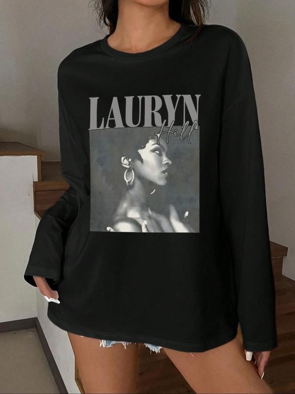 Women's Loose-Fit Portrait Print T-Shirt, Y2K Minimalist Long Sleeve Casual Top, Vintage Comfortable Streetwear, Unique...