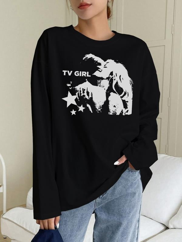 Women's Loose-Fit Portrait Print T-Shirt, Y2K Minimalist Long Sleeve Casual Top, Vintage Comfortable Streetwear, Unique...