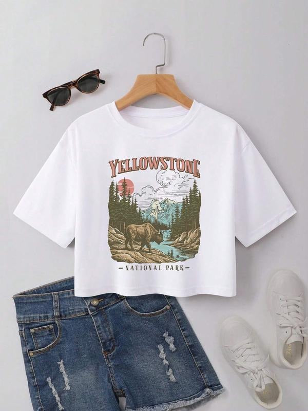 Women's Loose Short T-Shirt, National Park Day Print, Casual Half Sleeve Top, All-Season Fashion, Street Style Women's...