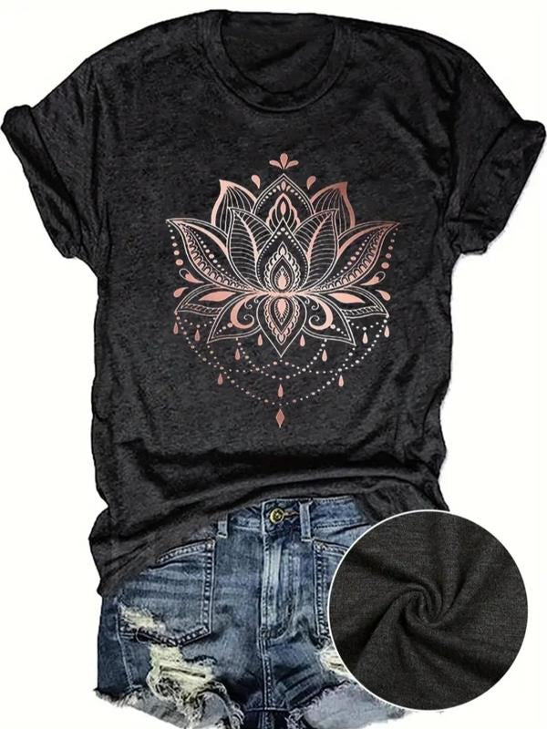 Women's Lotus & Letter Print Round Neck Tee, Trendy Casual Crew Neck Short Sleeve T-Shirt for Daily Wear, Ladies Outfit...