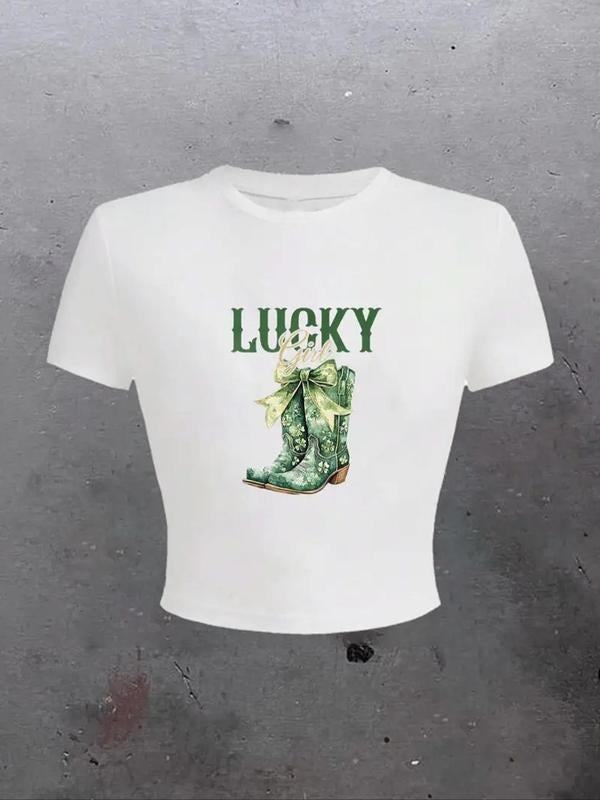 Women's Lucky Butterfly & Letter Print Round Neck Tee, Casual Short Sleeve Crew Neck T-Shirt for Summer, Fashion Women's...