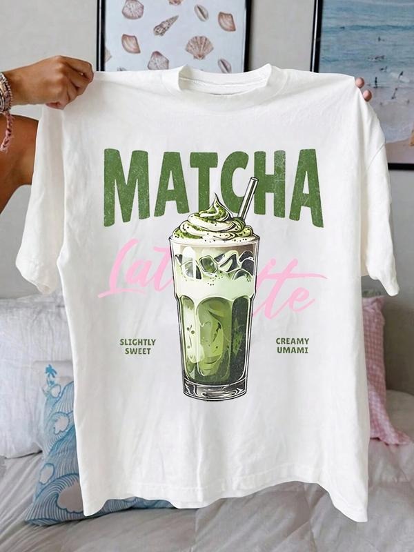 Women's MATCHA Cup Print & Letter Print Loose Fit Round Neck T-shirt, Casual Basic Top Suitable for All Seasons, Daily...