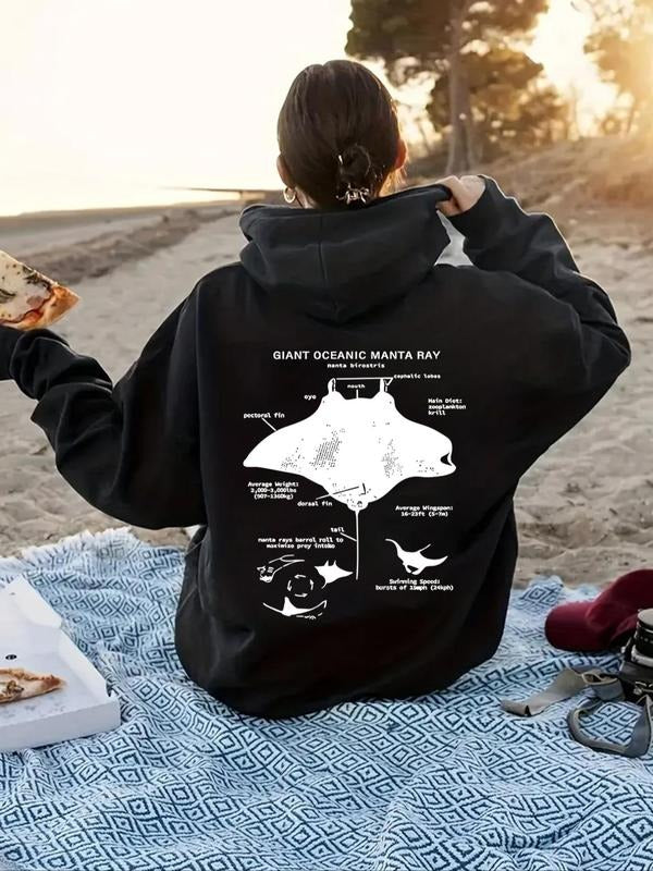 Women's Manta & Letter Print Drop Shoulder Hoodie, Fashion Casual Drawstring Pocket Hooded Sweatshirt for Daily Holiday...