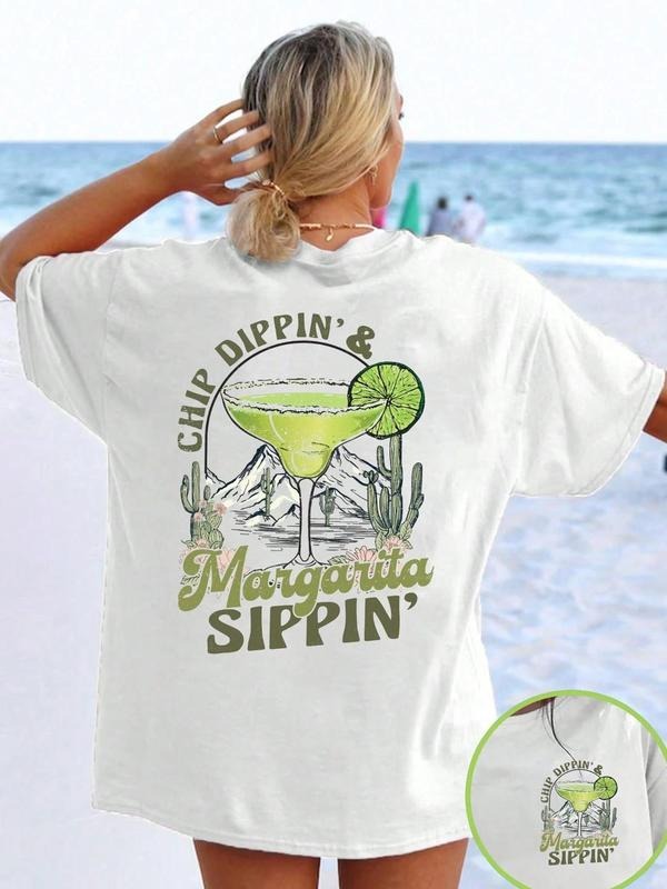 Women's Margarita & Letter Print Round Neck Tee, Casual Trendy T-shirt for Daily Wear, Ladies Summer, Top Hoodie, Sweatshirt