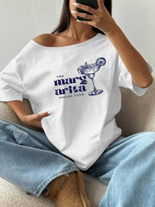 Women's Margarita Social Club Print Asymmetrical Neck Tee, Casual Trendy T-shirt for Daily Wear, Ladies Summer, Top...