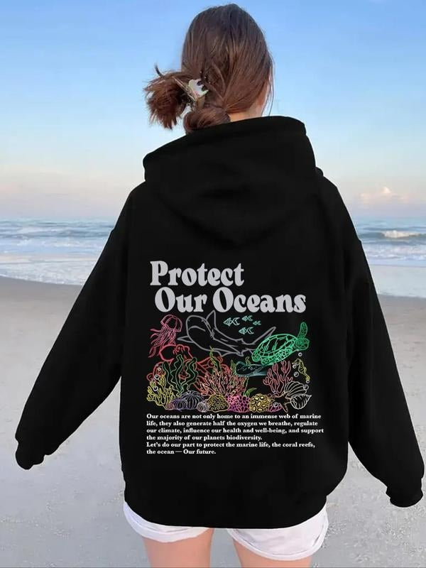 Women's Marine Life & Letter Print Drop Shoulder Hoodie, Fashion Casual Drawstring Pocket Hooded Sweatshirt for Daily...