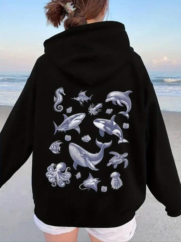 Women's Marine Life Print Drop Shoulder Hoodie, Fashion Casual Drawstring Pocket Hooded Sweatshirt for Daily Holiday...