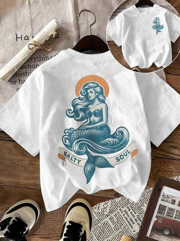 Women's Mermaid & Letter Print Round Neck Tee, Casual Short Sleeve Crew Neck T-Shirt for Daily Wear, Ladies Clothes for...