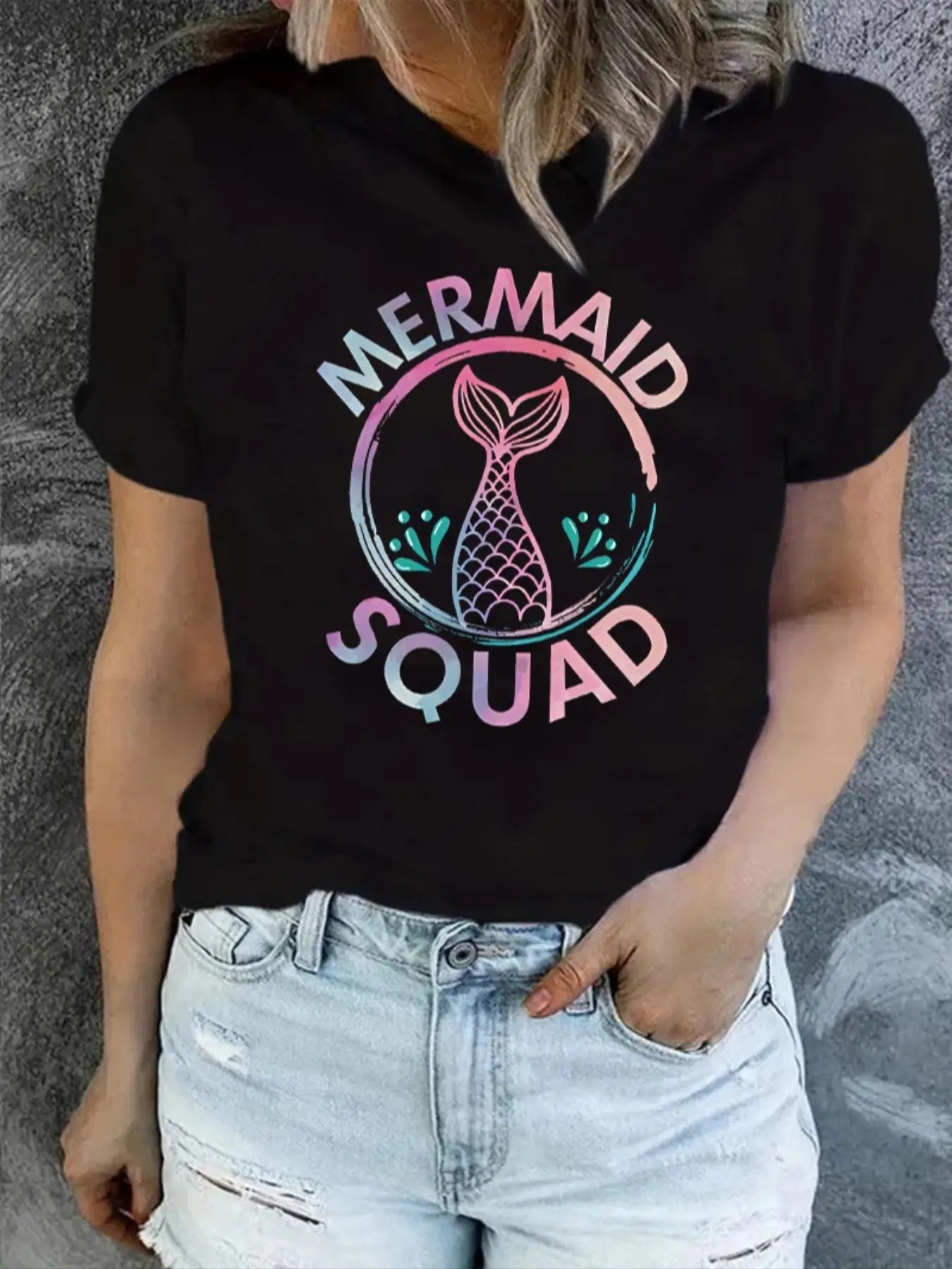 Women's Mermaid & Letter Print Round Neck Tee, Trendy Casual Short Sleeve T-shirt for Daily Wear, Ladies Summer Outfit...