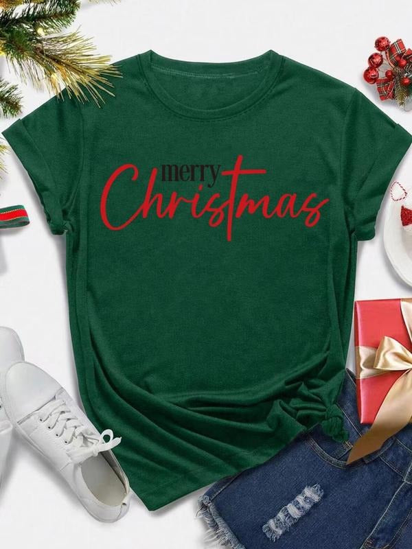 Women's Merry Christmas Print Round Neck Tee, Casual Short Sleeve Crew Neck T-shirt for Daily Holiday Vacation Outdoor...